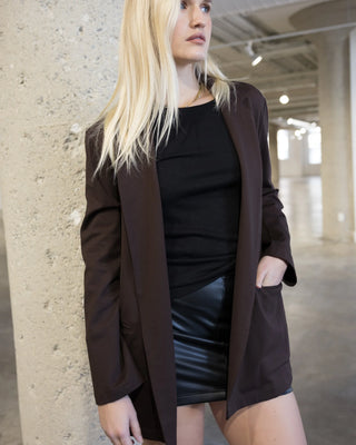 Ripley Rader Chocolate Ponte Knit Oversized Blazer. Model is posing in jacket. 