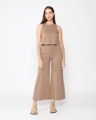 Ripley Rader Khaki Ponte Knit Cropped Wide Leg Pant. Model is wearing product shot on a white background. 