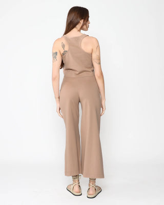 Ripley Rader Khaki Ponte Knit Cropped Wide Leg Pant. Model is wearing product shot on white background. 