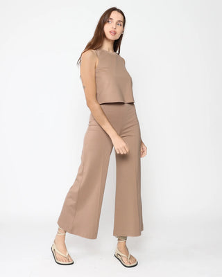 Ripley Rader Khaki Ponte Knit Cropped Wide Leg Pant. Model is wearing product shot on white background. 