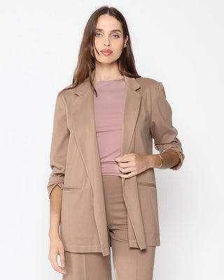 Ripley Rader Khaki Ponte Knit Oversized Blazer. Model is wearing product shot on a white background. 