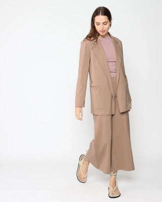 Ripley Rader Khaki Ponte Knit Oversized Blazer. Model is wearing product and is shot on white background.