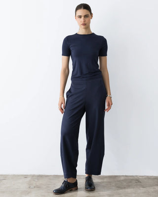 Ripley Rader Navy Ponte Knit Barrel Pant. Model is wearing the product and image is shot on white background. 