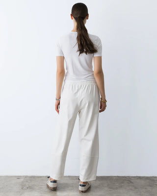 Ripley Rader Off-White Ponte Knit Barrel Pant. Model is wearing the product and the image is shot on a white background. 