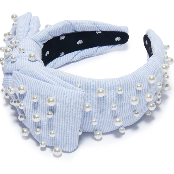 Lele Sadoughi Pacific Sky Multi Pearl Seersucker Holly Headband, "lele sadoughi pearl headband" "lele sadoughi plaid headband"