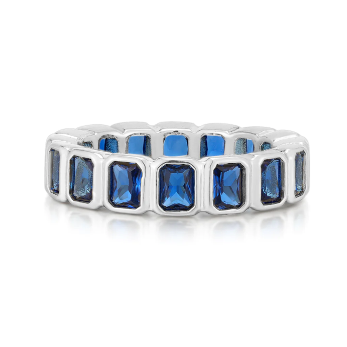 Luv AJ Bezel Emerald Ballier Ring-Blue-Sapphire-Silver-Size 8, "luv aj ring" "luv aj bezel charm huggies" "luv aj bracelet" "luv aj express" "luv aj jewelry"