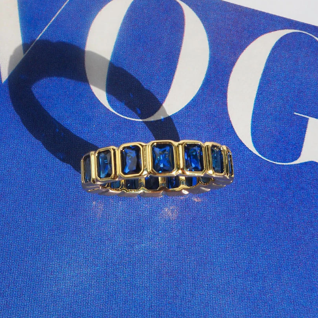 Luv AJ Bezel Emerald Ballier Ring-Blue-Sapphire-Silver-Size 8, "luv aj ring" "luv aj bezel charm huggies" "luv aj bracelet" "luv aj express" "luv aj jewelry"