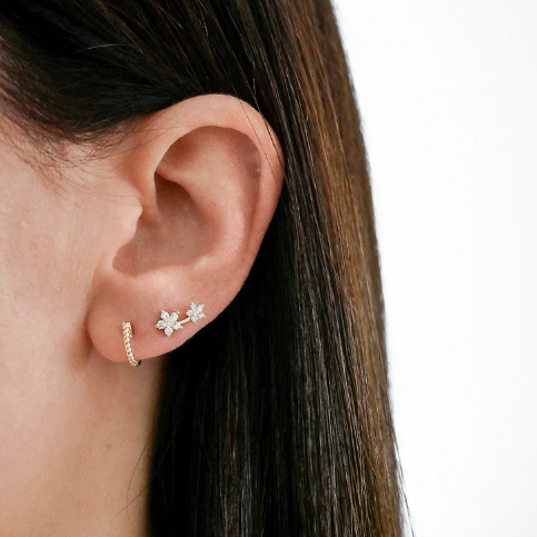 Diamond Double Flower Stud Earring Left Ear