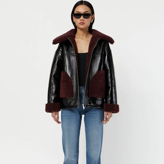 apparis catalina jacket noir and burgundy, apparis, apparis jacket, apparis coat, apparis vegan leather, apparis vegan shearling