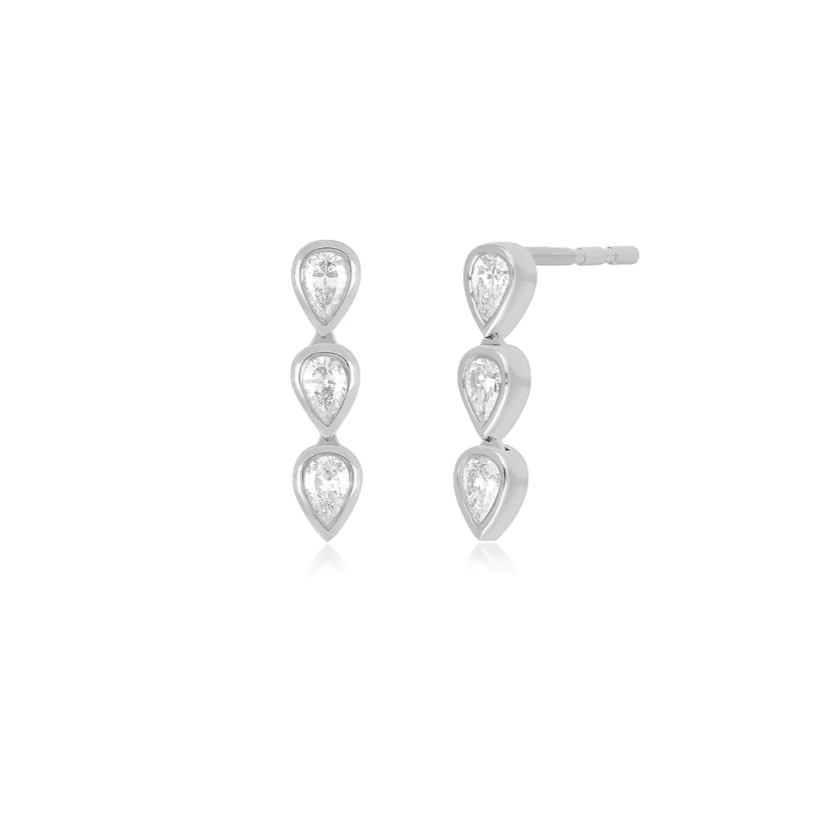 EF Collection 14k Single Bezel Set Triple Diamond Pear Stud Earring