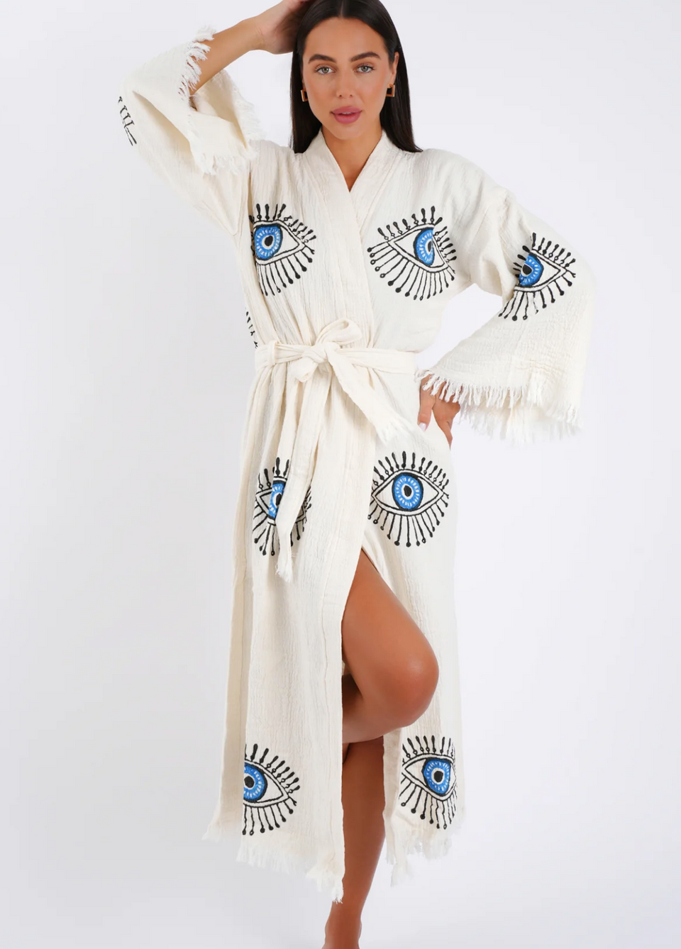 Peshtemal Natural with Blue Big Lashes Evil Eye Kimono/Robe