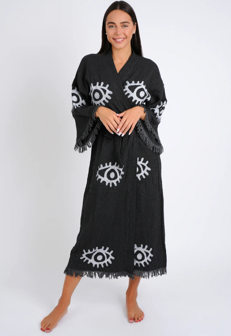 Peshtemal Black with White Evil Eye Kimono/Robe