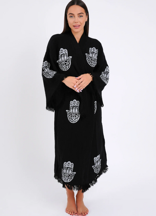 peshtemal robe kimono black with white hamsa