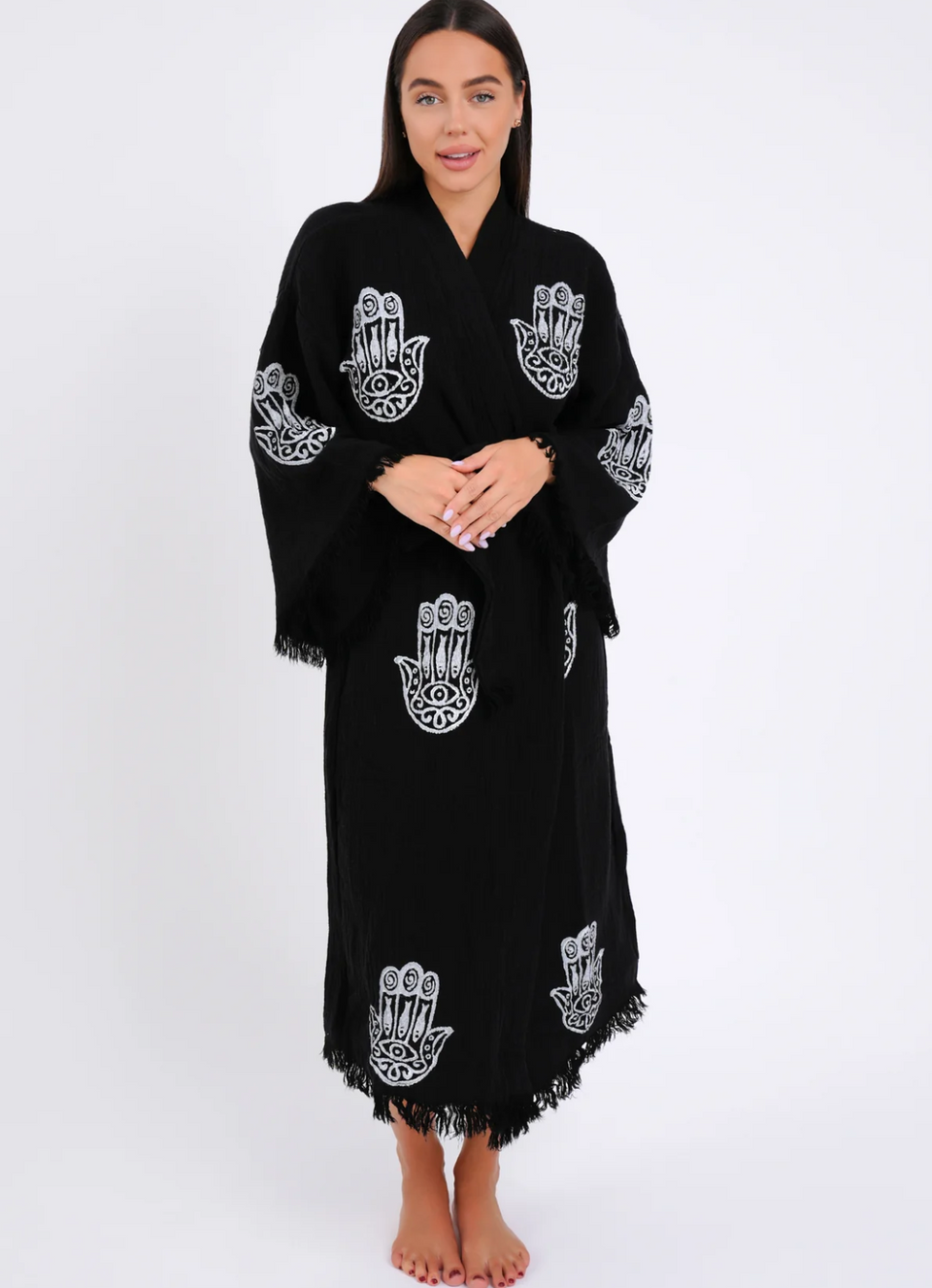 Peshtemal Black with White Hamsa Kimono/Robe
