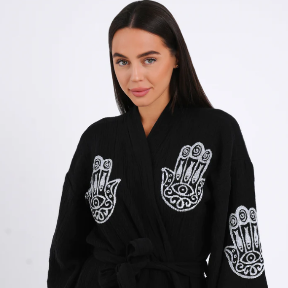 peshtemal robe kimono black with white hamsa