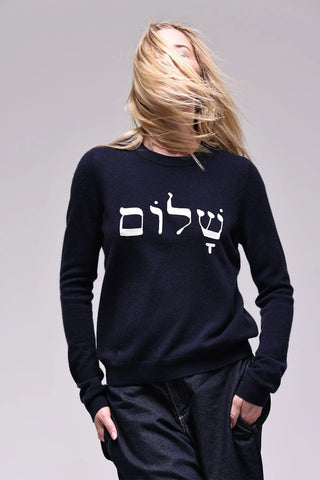 Minnie Rose Cotton Cashmere "Shalom" Embroidered Crew Neck Sweater