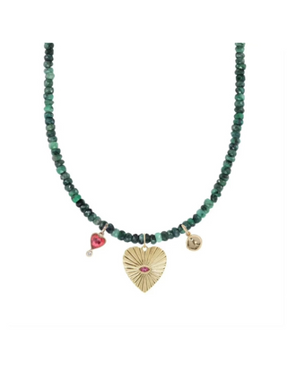 zahava heirlooms one of a kind necklace, raw emeralds, pink tourmaline