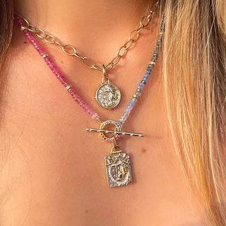 Three Stories Sparkling Sea Ombre Sapphire and Gold Beaded Chain with Round Sapphire Toggle show on model layered