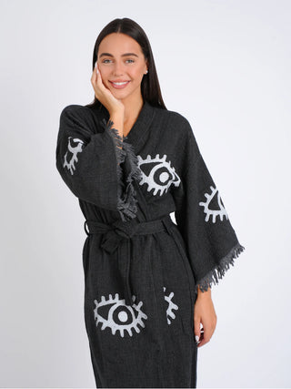 Peshtemal Black with White Evil Eye Kimono, evil eye robe, black robe, Peshtemal kimonos, beach robes