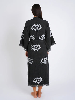 Peshtemal Black with White Evil Eye Kimono, evil eye robe, black robe, Peshtemal kimonos, beach robes