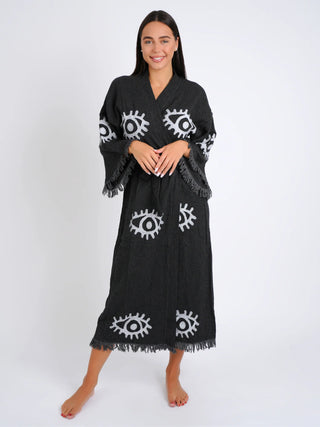 Peshtemal Black with White Evil Eye Kimono, evil eye robe, black robe, Peshtemal kimonos, beach robes