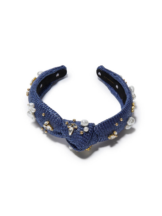 Lele Sadoughi Aegean Blue Slim Knotted Raffia Oasis Embellished Headband