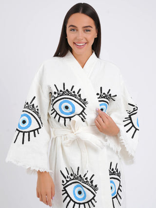 peshtemal robe blue eye, peshtemal robes, kimonos, blue kimonos, outerwear, cover ups, overalls, robes, peshtemal Large Pale Blue Evil Eye Kimono Robe, Large Pale Blue Evil Eye Kimono Robe