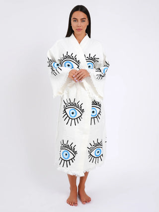 peshtemal robe blue eye, peshtemal robes, kimonos, blue kimonos, outerwear, cover ups, overalls, robes, peshtemal Large Pale Blue Evil Eye Kimono Robe, Large Pale Blue Evil Eye Kimono Robe