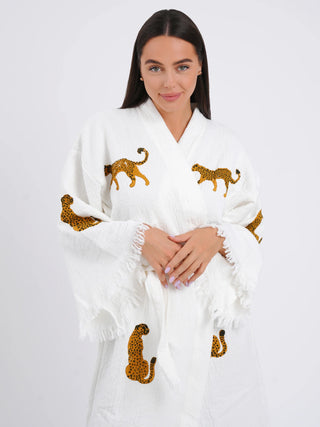 peshtemal robe kimono face modern muse, robes, bath robes, kimonos, peshtemal robes, tan, leopard print, leopard robes, Peshtemal Natural with Tan Leopard Kimono/Robe