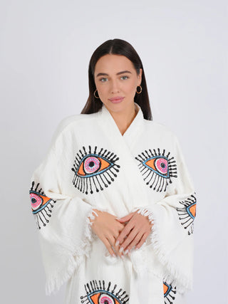 Peshtemal Natural with Bright Orange Evil Eye Kimono/Robe