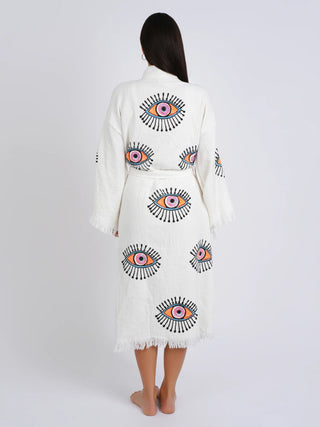 Peshtemal Natural with Bright Orange Evil Eye Kimono/Robe