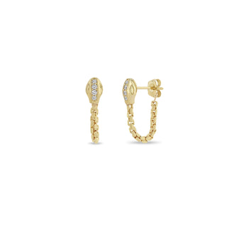 Zoe Chicco 14K Pavé Diamond Snake Head Box Chain Huggie Earrings, zoe chicco gold earrings, zoe chicco snak earrings, earrings, snake earrings, chain earrings