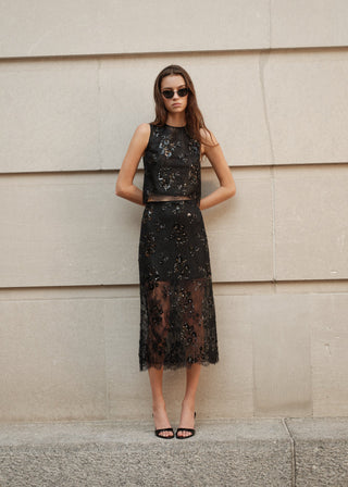 Cami NYC Aylin Sequin Lace Midi Skirt Black