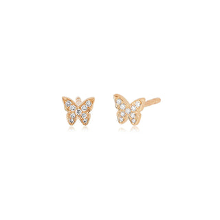 Rose gold butterfly earrings with diamond gemstones on a white background by the designer ef collection