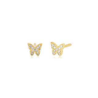 Gold butterfly earrings with diamond stones on a white background by ef collection, the baby butterfly stud earring