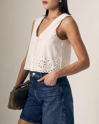 Le Jean Embroidered Eyelet Sailor Top white
