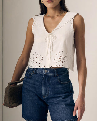 Le Jean Embroidered Eyelet Sailor Top white