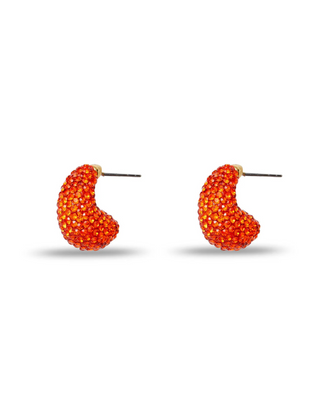 Lele Sadoughi Scarlet Pavé Dome Mini Hoop Earrings on a plain background, showing small red hoop earrings fully embellished with scarlet pavé crystals.