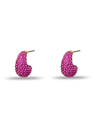 Lele Sadoughi Flamingo Pavé Dome Mini Hoop Earrings on a plain background, showing mini pink hoop earrings with allover crystal pavé.