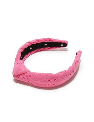 Lele Sadoughi slim knotted headband in vibrant fuchsia eyelet fabric with embroidered floral detailing