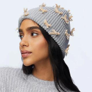 Lele Sadoughi Dove Grey Bow Embellished Beanie