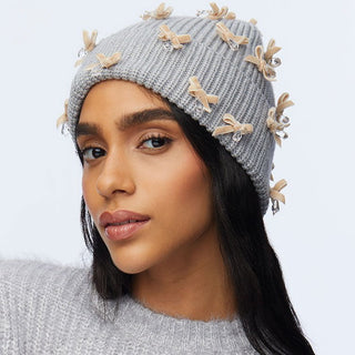 Lele Sadoughi Dove Grey Bow Embellished Beanie