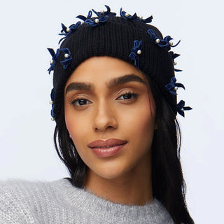 Lele Sadoughi Jet Bow Embellished Beanie