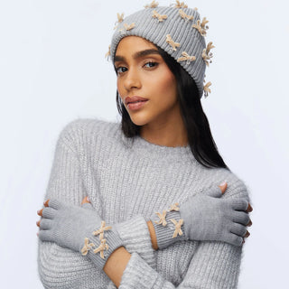 Lele Sadoughi Dove Grey Bow Embellished Fingerless Gloves