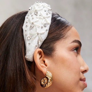 Lele Sadoughi Dove White Knotted Pearl Floral Brocade Headband