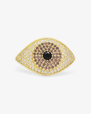 at house of 29 the model is wearing a black evil eye ring with gold and black diamondettes