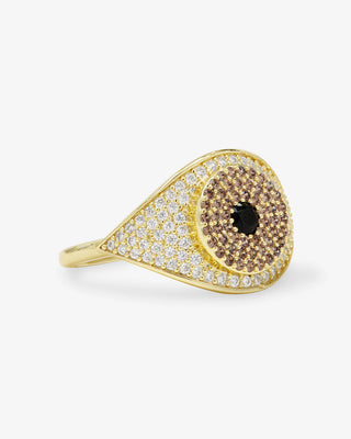 at house of 29 the model is wearing a black evil eye ring with gold and black diamondettes