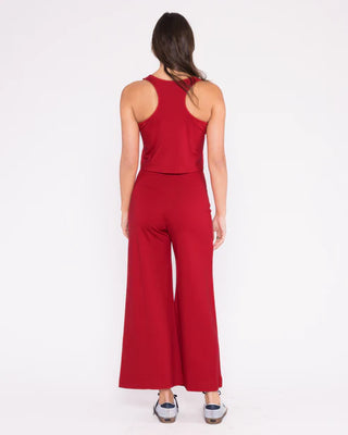 model wear the ripley rader wide leg cropped pant in red back view