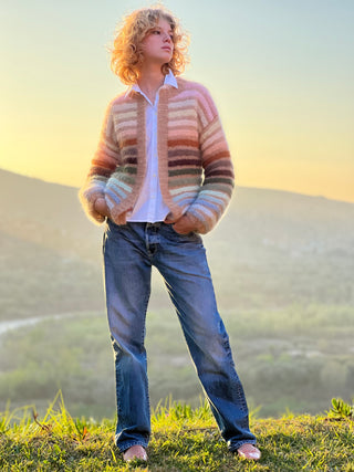 model is wearing the handmade french sweater brand rose carmine little jacket melodie beige from house of 29