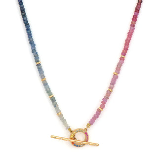 Three Stories Sparkling Sea Ombre Sapphire and Gold Beaded Chain with Round Sapphire Toggle